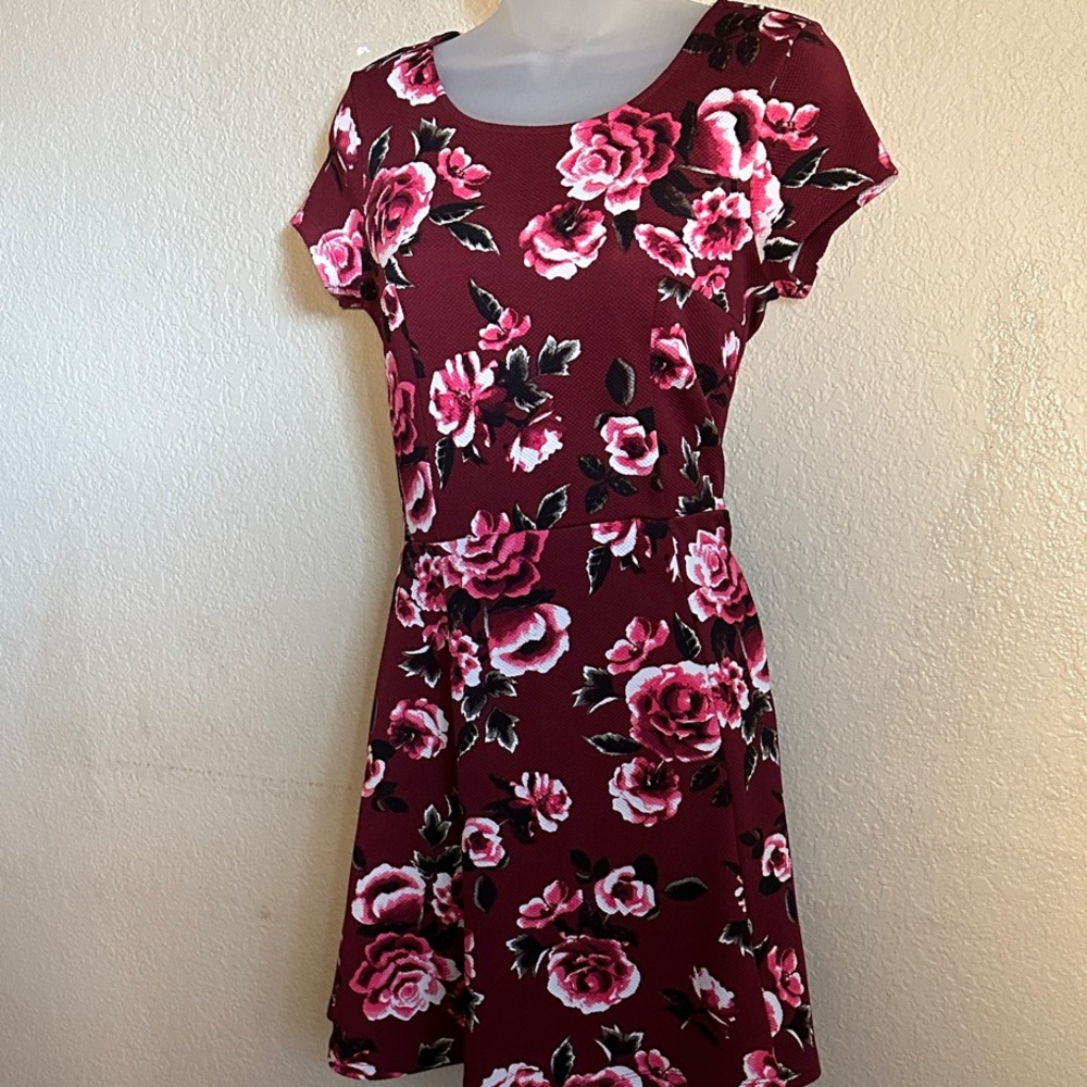 6 M Divided Burgundy and Pink Floral Mini Dress